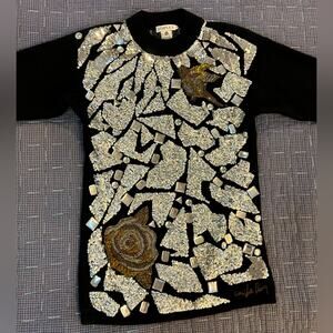 Vintage Semplice Mega Sparkly Embellished Black Wool Long Sweater w Birds 🦅